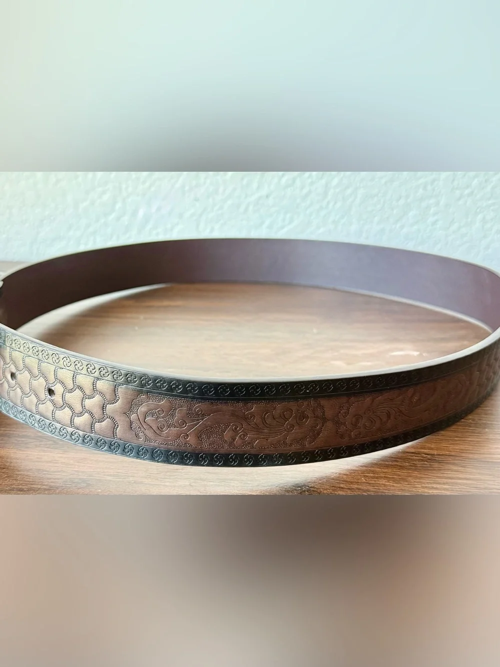 Embossed Brown Leather Western Belt with Ornate Silver Buckle Tooled M